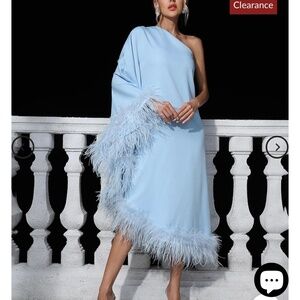 Blue one shoulder stunning feather dress